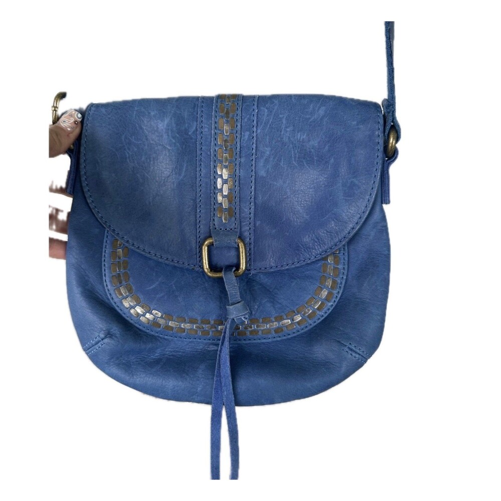Lucky Brand Blue Leather Tassel Saddle Bag Magnetic Snap Adjustable Crossbody
